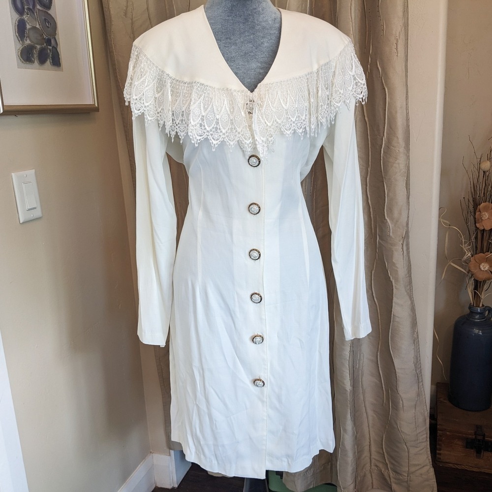 Vintage 90s White Lace Collar Button Front Dress L Sheath Coquette Cottagecore